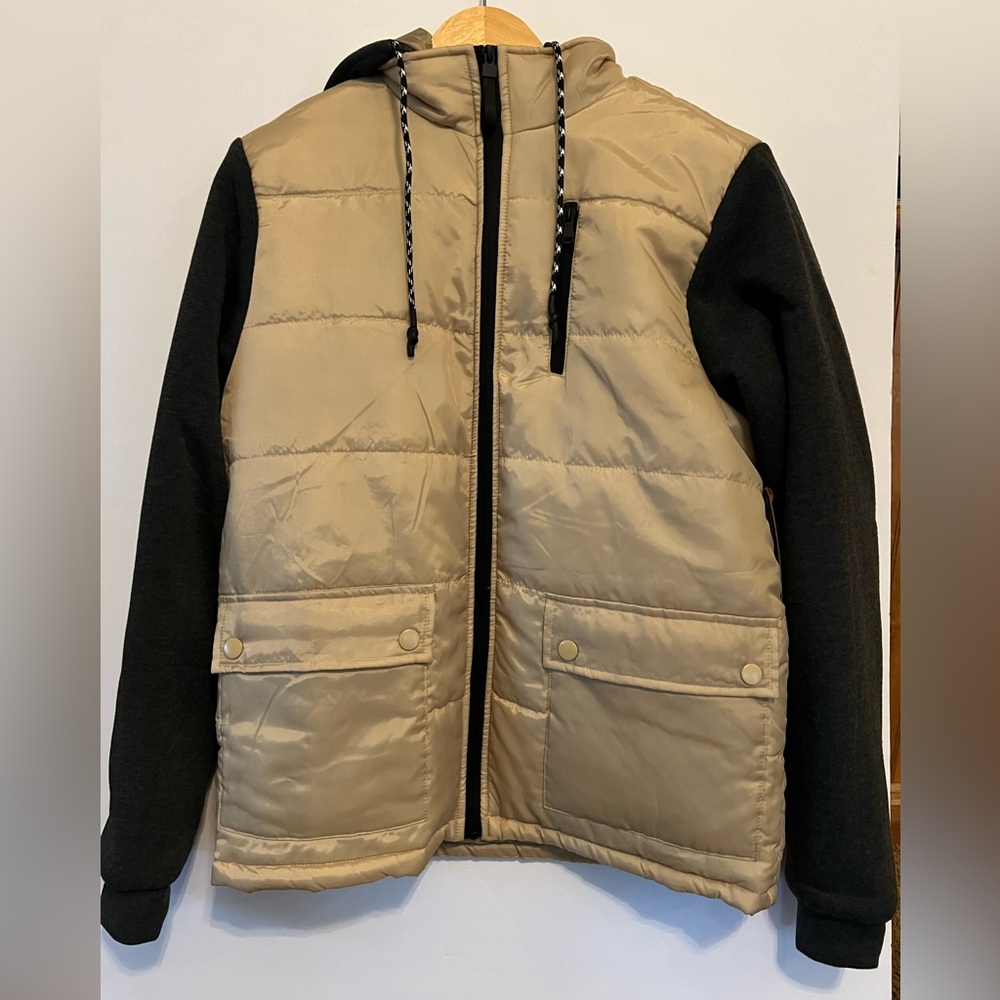 Brooklyn Laundry Jacket Coat/Vest Men's MediumBeige Gray Hooded Lite Kip Puffer.